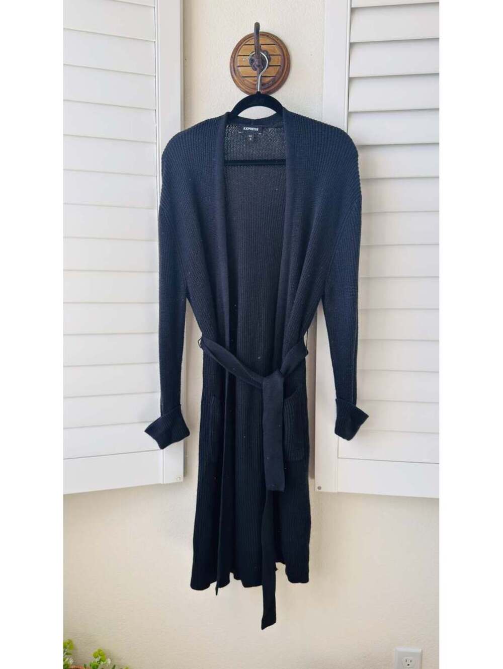 Express Black Ribbed Belted Long Cardigan - Size M